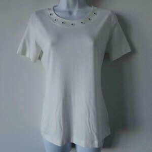 New AKRIS White Round Neck Short Sleeve Modal Top w/ Rib Eyelet Detail Size 8